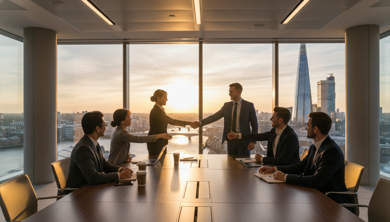 A diverse group of business professionals shaking hands in a modern London skyscraper office overlooking the River Thames and The Shard during sunset.
